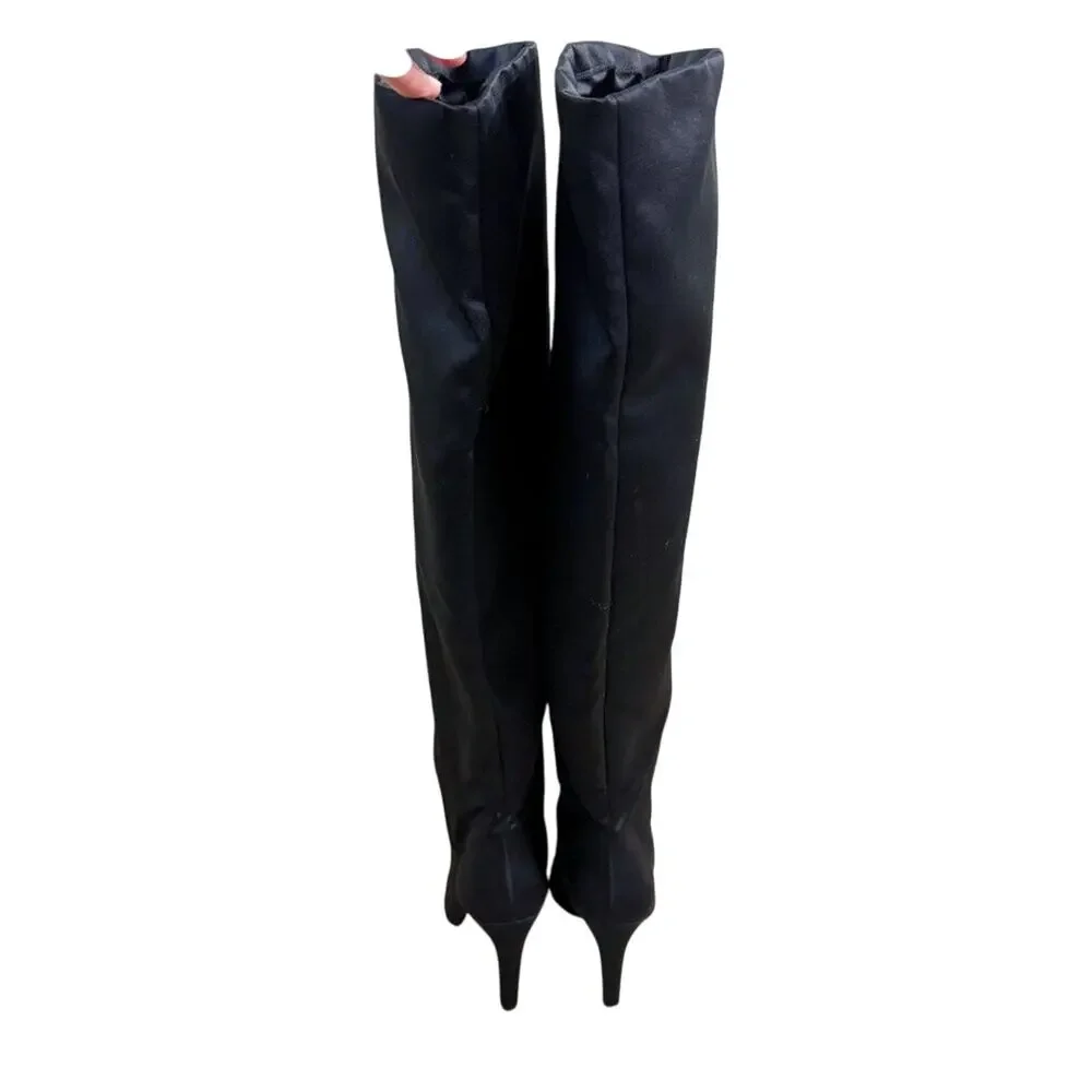 Good American Black Satin Over the Knee Slouchy Stiletto Boots Sz 5.5 Pointy Toe
